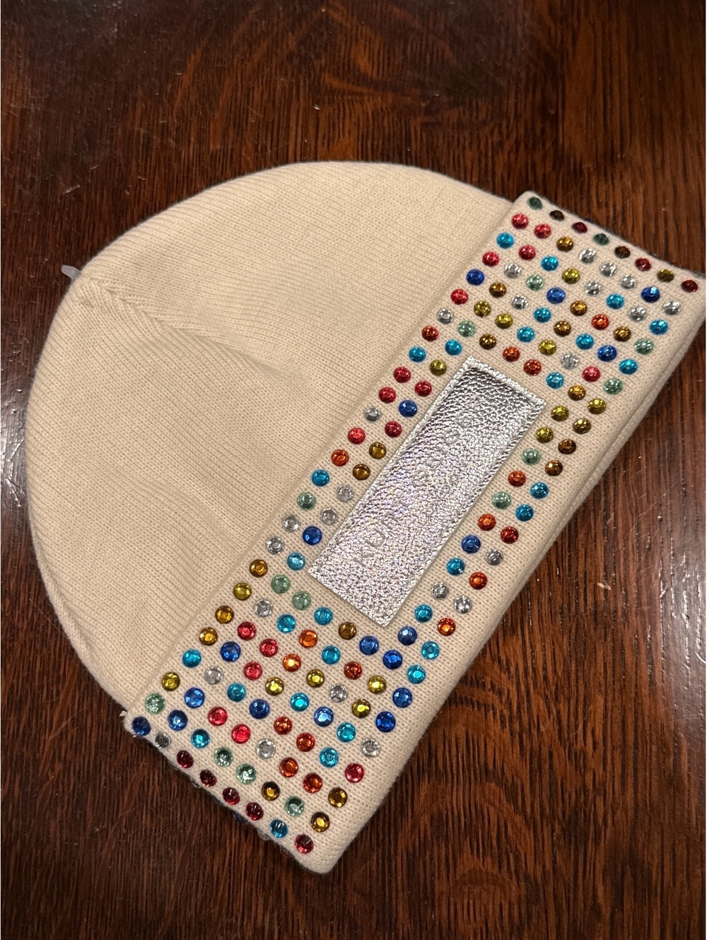 NWOT Kurt Geiger Bone Knit Beanie Hat Multicolor Rhinestone Studded One Size